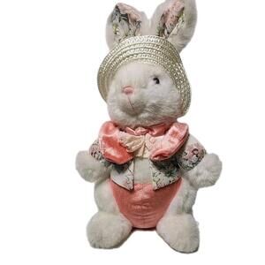 Easter Bunny Plush Toy with Straw Hat and Bow
